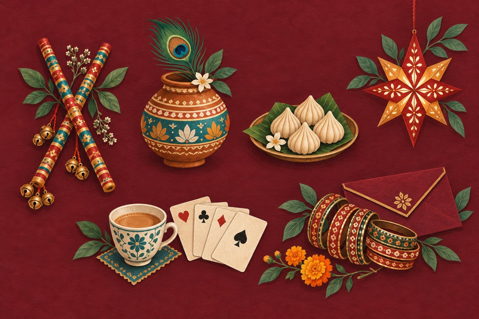 A maroon festive illustration with dandiya sticks, a decorated pot, modak, a star lantern, tea, playing cards and wedding bangles