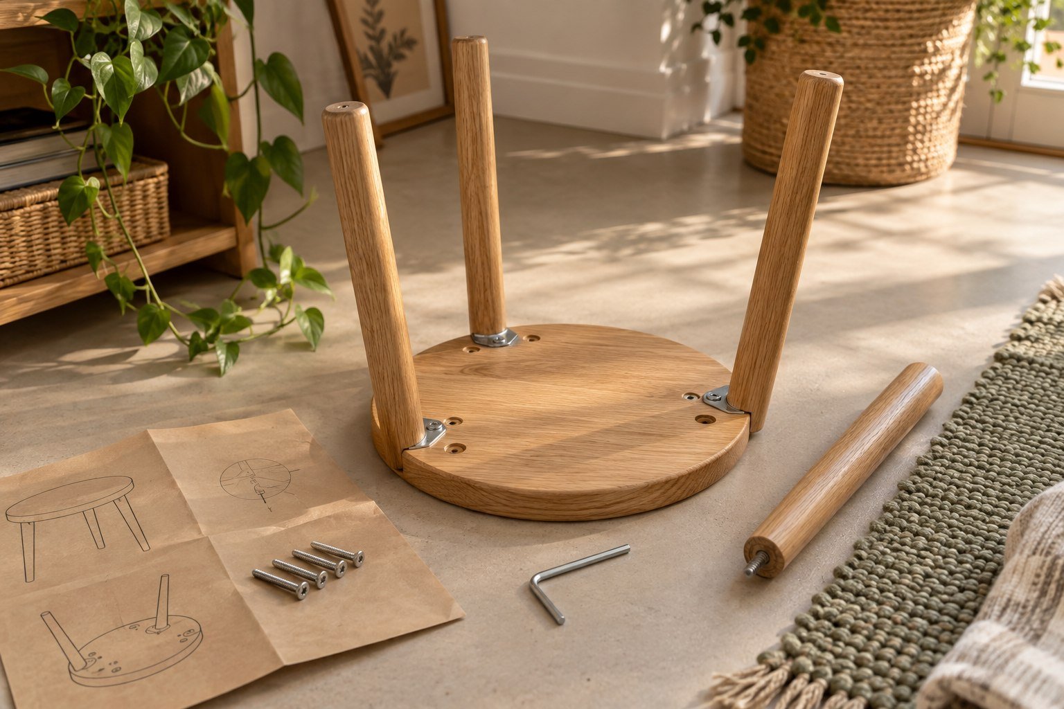 A wooden stool midway through assembly, with an Allen key and instructions beside it
