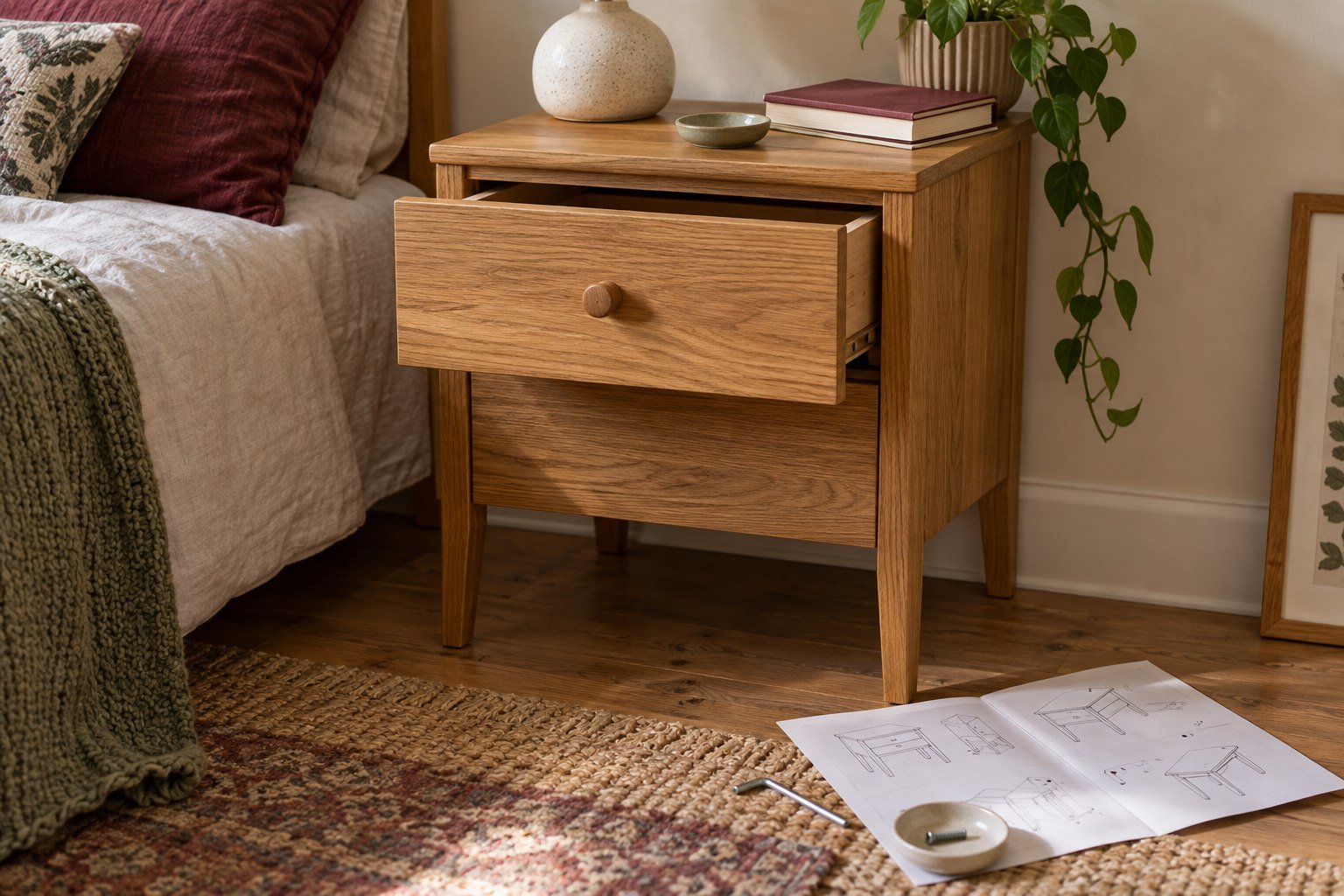 An oak bedside table just assembled at home, with instructions, an Allen key and one leftover screw
