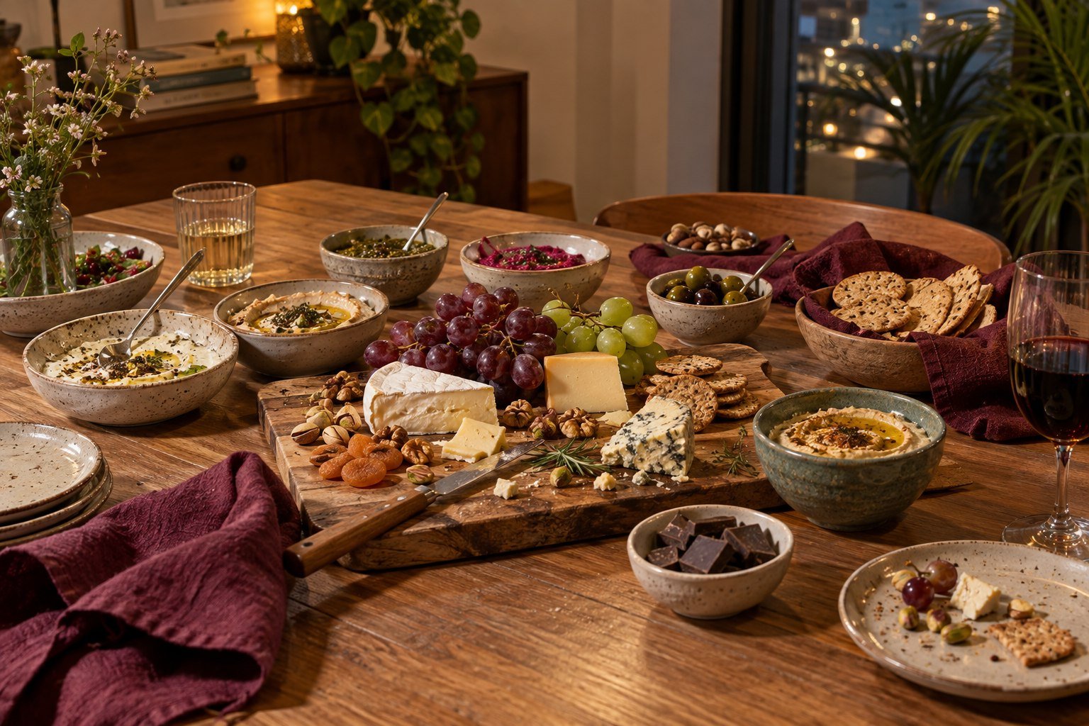 A warmly lit grazing table with dips, cheeses, grapes, crackers and burgundy linen napkins