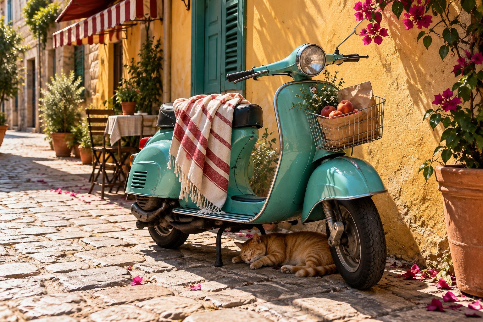 A turquoise scooter and a sleeping street cat on a sunlit lane