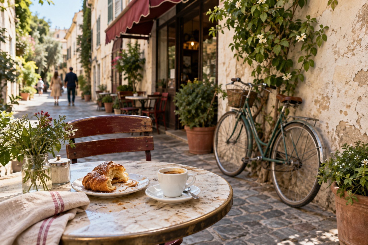 Coffee and a half-eaten pastry at a sunny pavement café, with a bicycle leaning against the wall